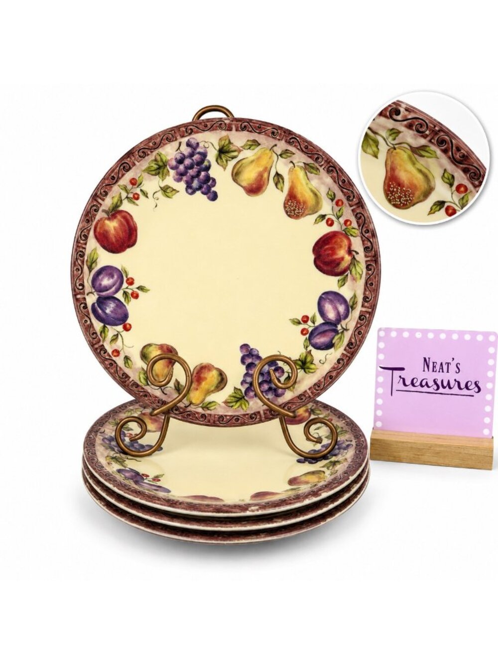 JC Penny Home Collection FRUIT MULTI Purple Melamine Round Dinner Plates Set 4
